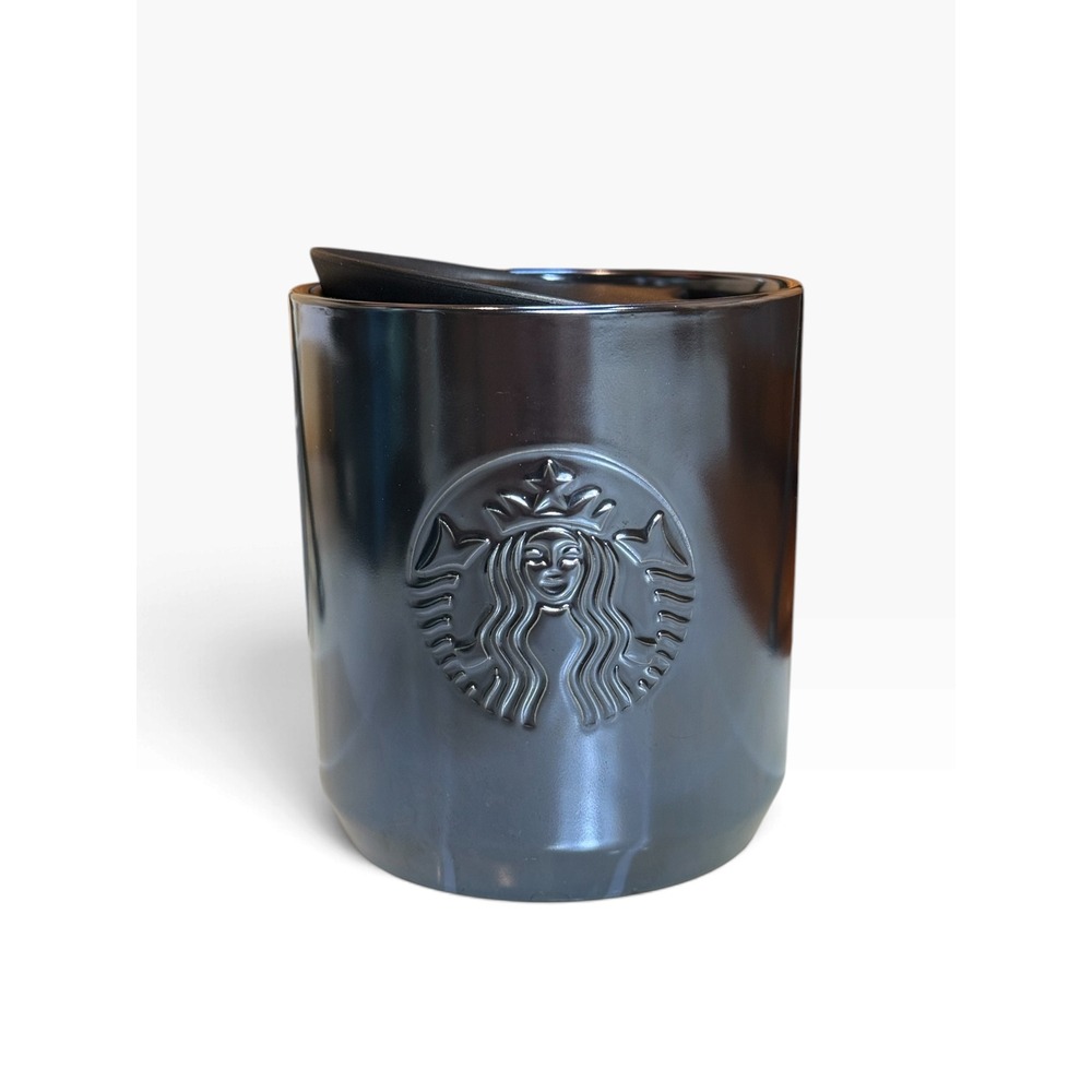 Starbucks Black Iridescent Ceramic Travel Mug 12oz Embossed Siren Slider Lid